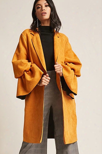 Faux Suede Longline Ruffle Coat