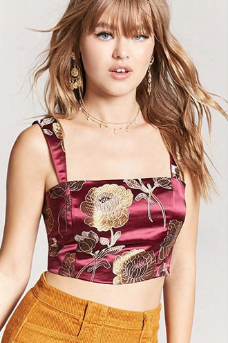 Floral Embroidered Satin Crop Top