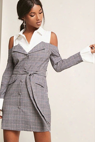 Glen Plaid Open-shoulder Combo Dress