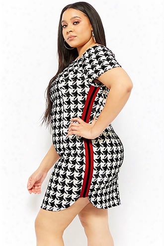 Plus Size Contrast Stripe Houndstooth Dress