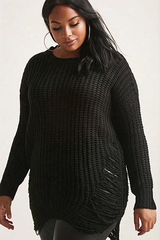 Plus Size Distressed Open-knit Sweater