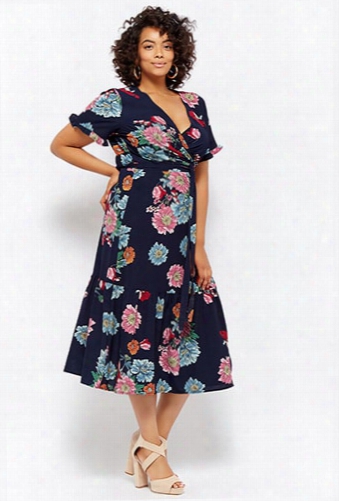 Plus Size Floral Wrap Midi Dress