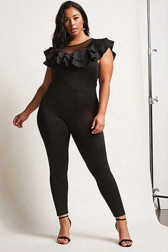 Plus Size Illusion-neck Ruffle Jumpsuit