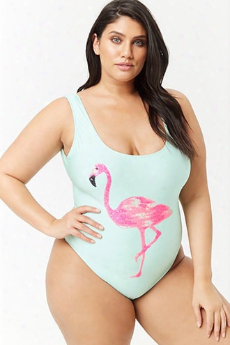 Plus Size Sequin Flamingo One-piece Swimsuit