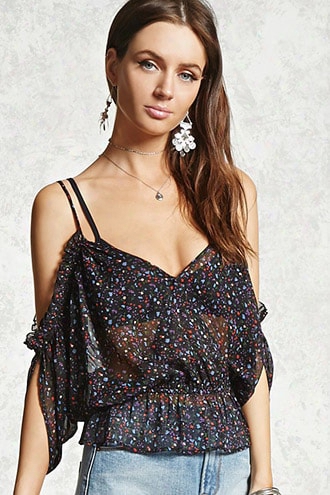 Sheer Floral Open-shoulder Top