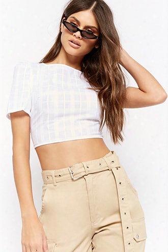 Sheer Plaid Print Open-back Crop Top