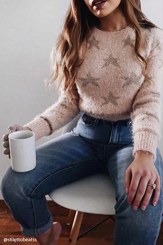 Star Pattern Fuzzy Knit Sweater