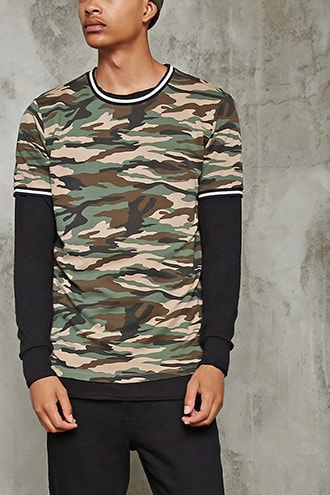 Stripe-trim Camo Print Tee