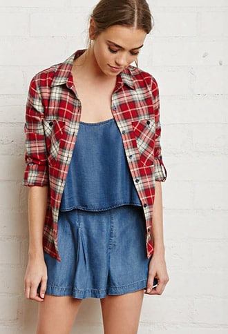 Button-tab Sleeve Plaid Shirt