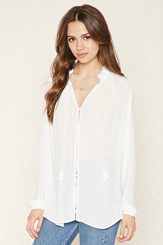 Contemporary Button-front Tasseled Blouse