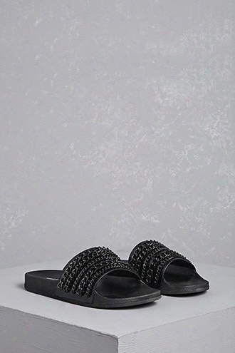 Embellished Faux Leather Slides