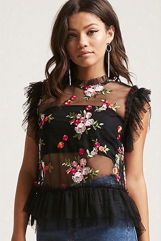 Embroidered Floral Mesh Top