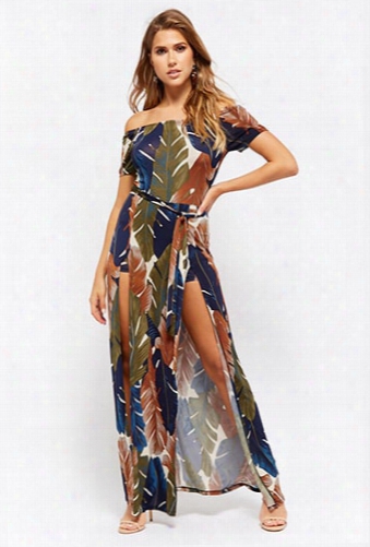 Leaf Print Off-the-shoulder Maxi Dress