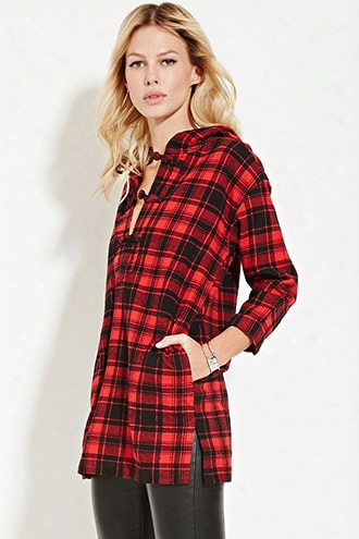 Longline Hooded Plaid Top