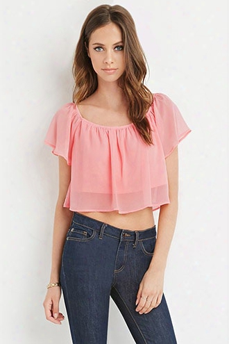 Off-the-shoulder Flutter-sleeve Crop Top