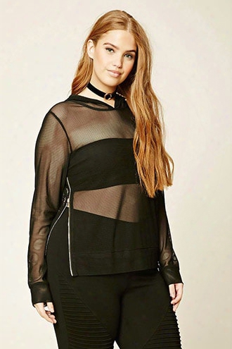 Plus Size Hooded Open-mesh Top