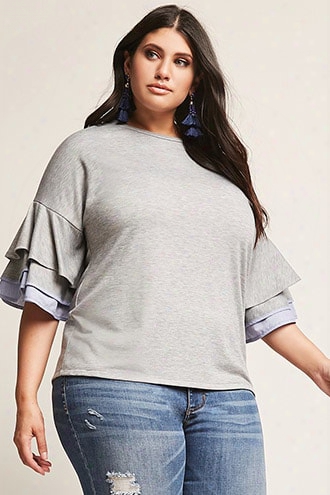 Plus Size Ruffle-tiered Pinstripe-sleeve Knit Top