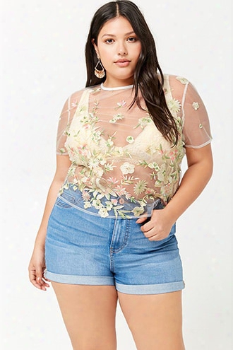 Plus Size Sheer Floral Embroidered Top