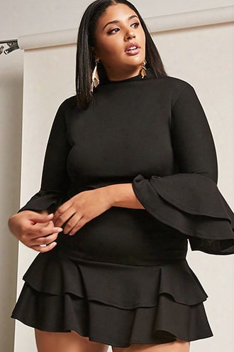 Plus Size Tiered Trumpet-sleeve Flounce Dress