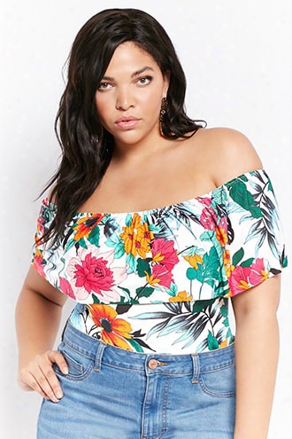 Plus Size Tropical Print Flounce Bodysuit