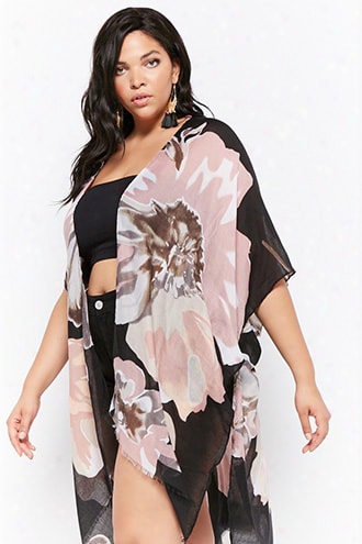 Plus Size Woven Heart Floral Kimono