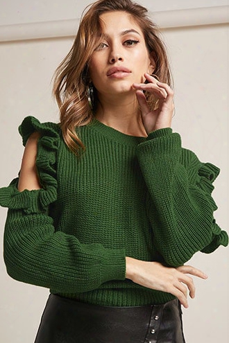 Ribbed Knit Ruffle-trim Open-shoulder Sweater