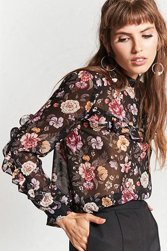 Semi-sheer Floral Flounce Top