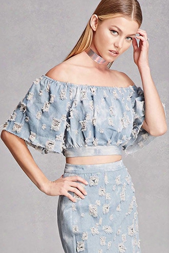 Denim Crop Top And Skirt Set