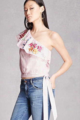 One-shoulder Embroidered Top