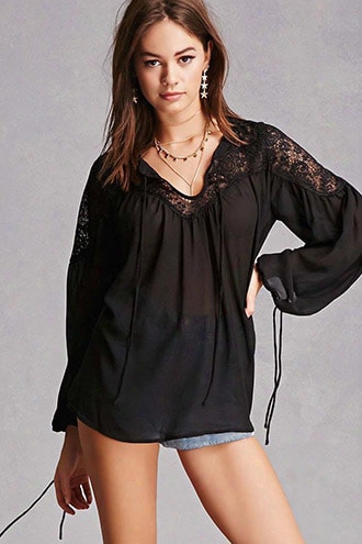 Sheer Floral Lace Peasant Top