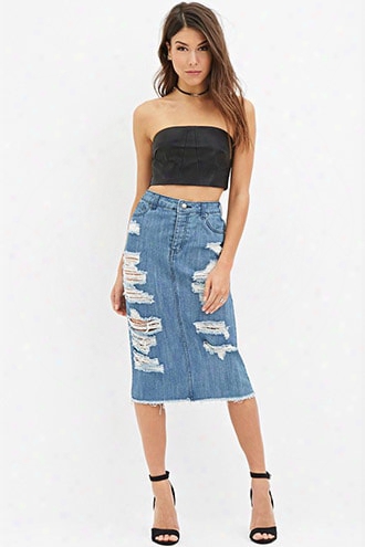 Distressed Denim Pencil Skirt