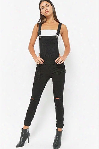 Distressed Stretch-denim Overalls