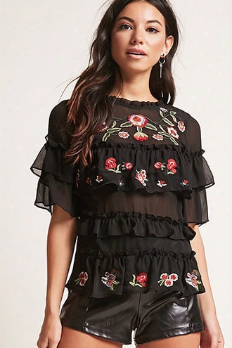 Embroidered Ruffle Chiffon Top