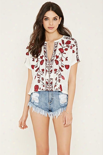 Floral-embroidered Peasant Top