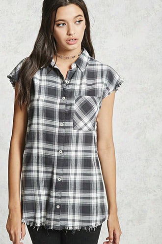 Frayed Plaid Buttoned Shirt