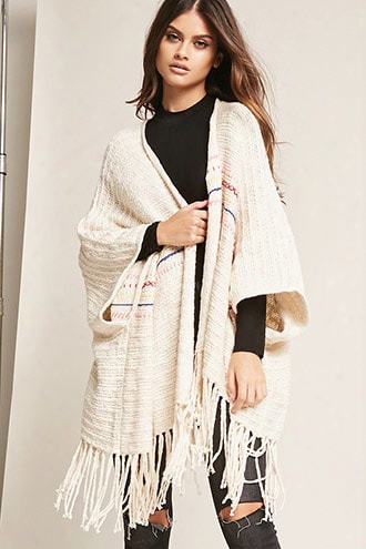 Fringe-trim Purl Knit Poncho