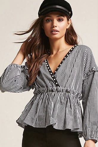 Gingham Surplice Faux Pearl Ruffle-trim Top