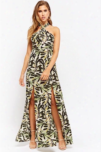 Leaf Print High-neck Maxi Dress