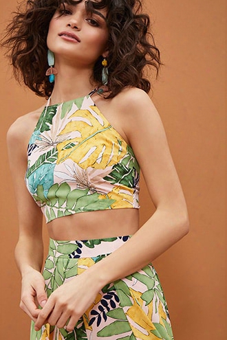 Leaf Print Tie-back Crop Top