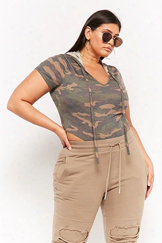 Plus Size French Terry Camo Hooded Bodysuit