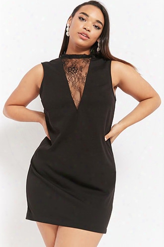 Plus Size Sleeveless Lace-panel Mini Dress