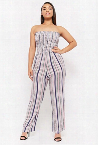 Plus Size Smocked Striped Jumpsuit