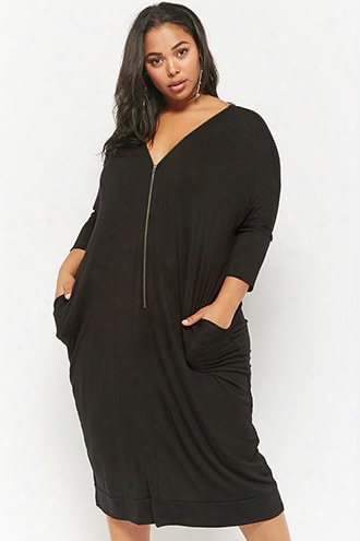 Plus Size Zippered V-neck Midi Dress