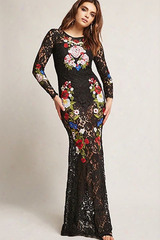 Sheer Lace Floral Embroidered Maxi Dress