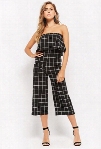 Strapless Grid Print Culotte Jumpsuit