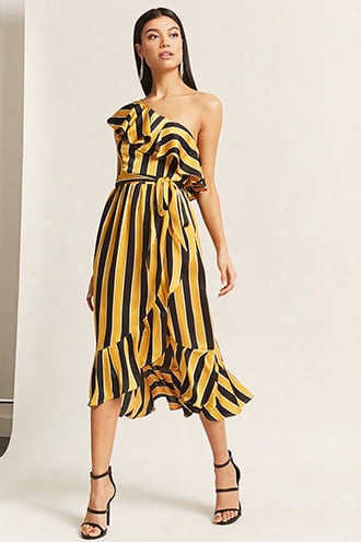 Stripe Ruffle One-shoulder Midi Dress