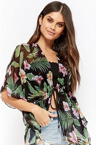 Woven Heart Floral Drawstring Kimono