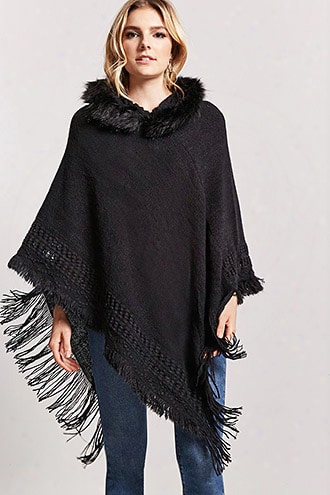 Faux Fur Hooded Poncho Sweater