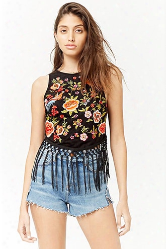 Faux Suede Embroidered Fringe Top