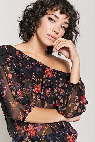 Floral Off-the-shoulder Chiffon Flounce Top